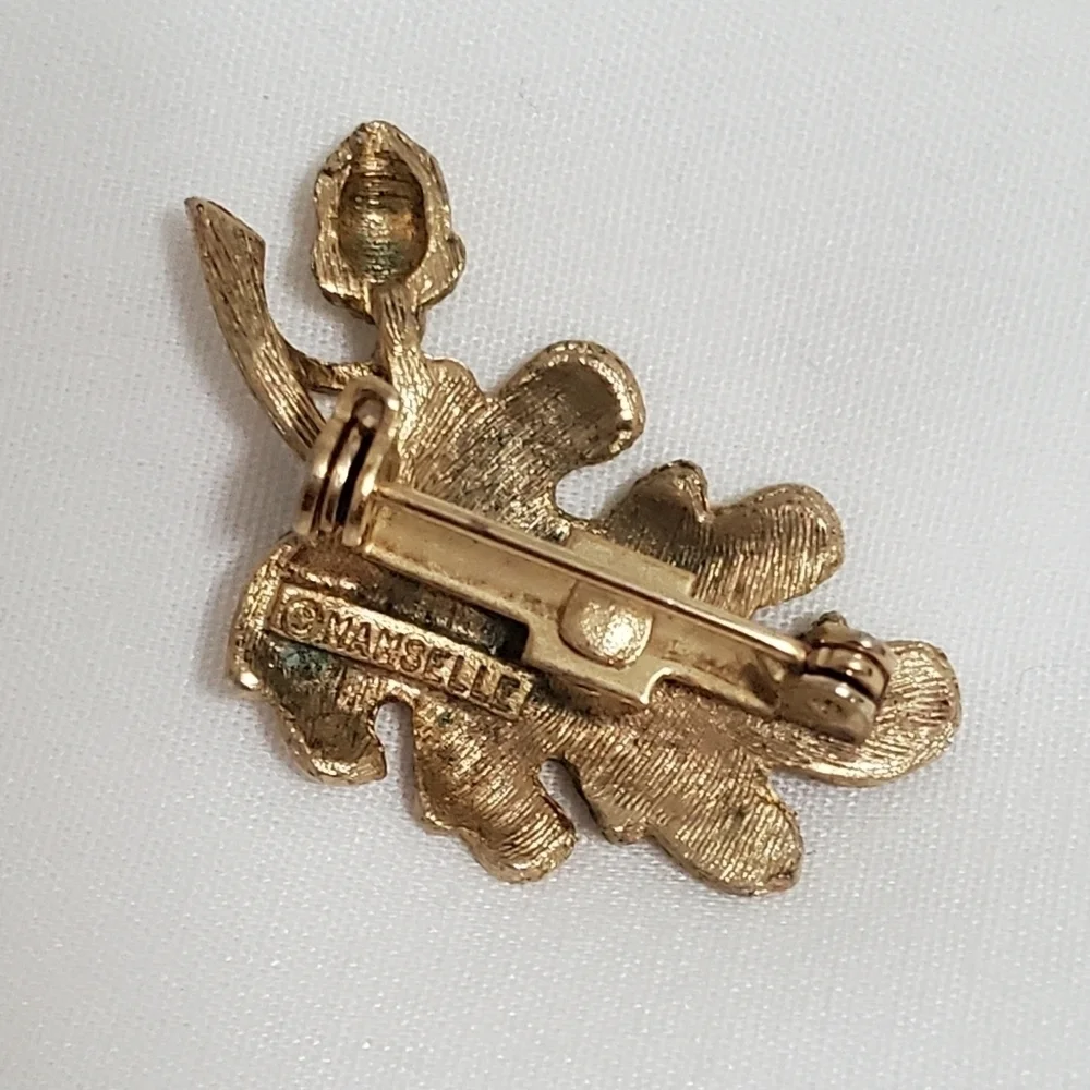 Vintage Signed Mamselle Gold Tone Acorn And Leaf Brooch